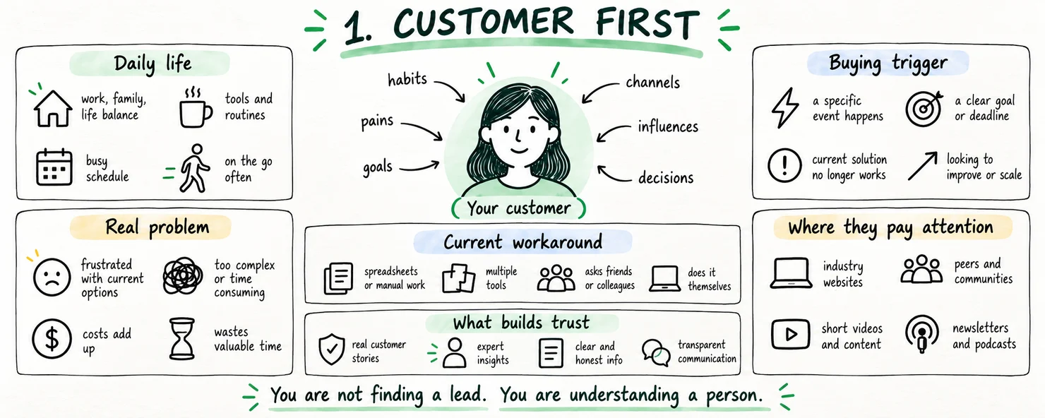 Your customer: daily life, real problem, current workaround, what builds trust.