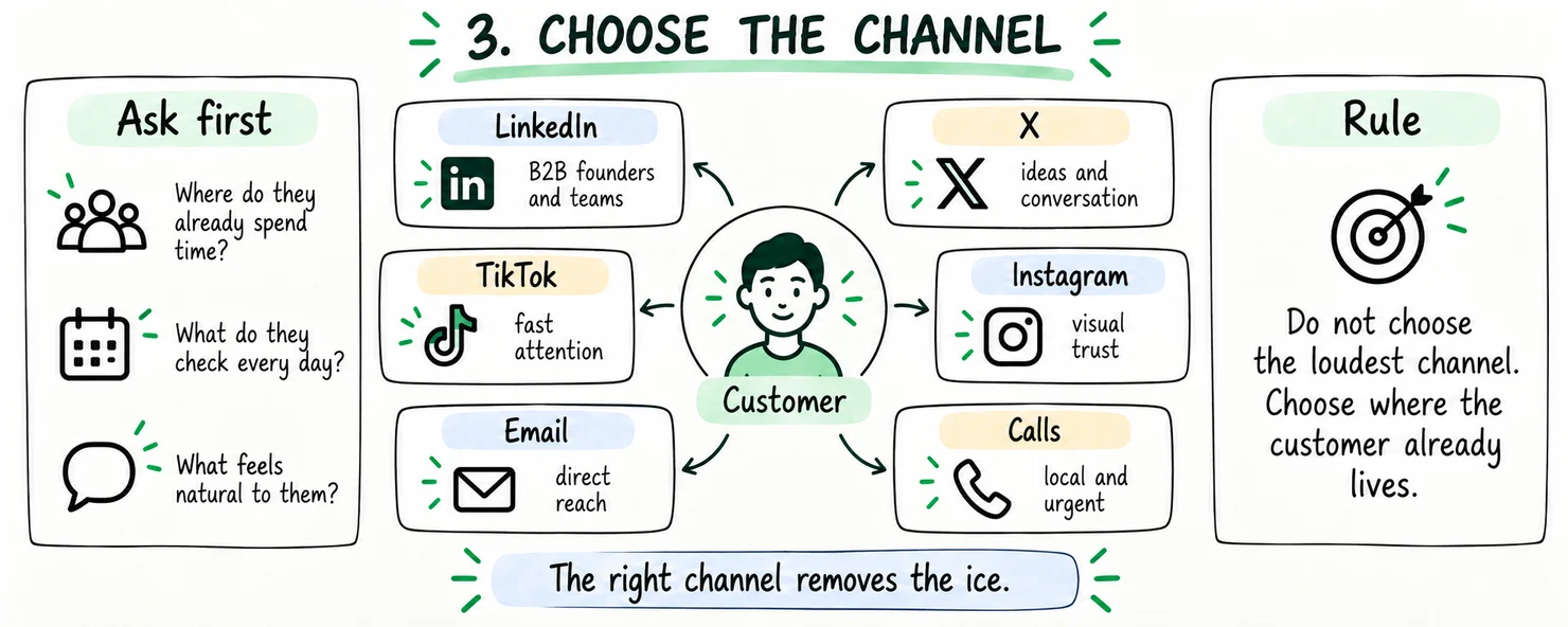 Choose the channel: ask where they spend time first. The right channel removes the ice.